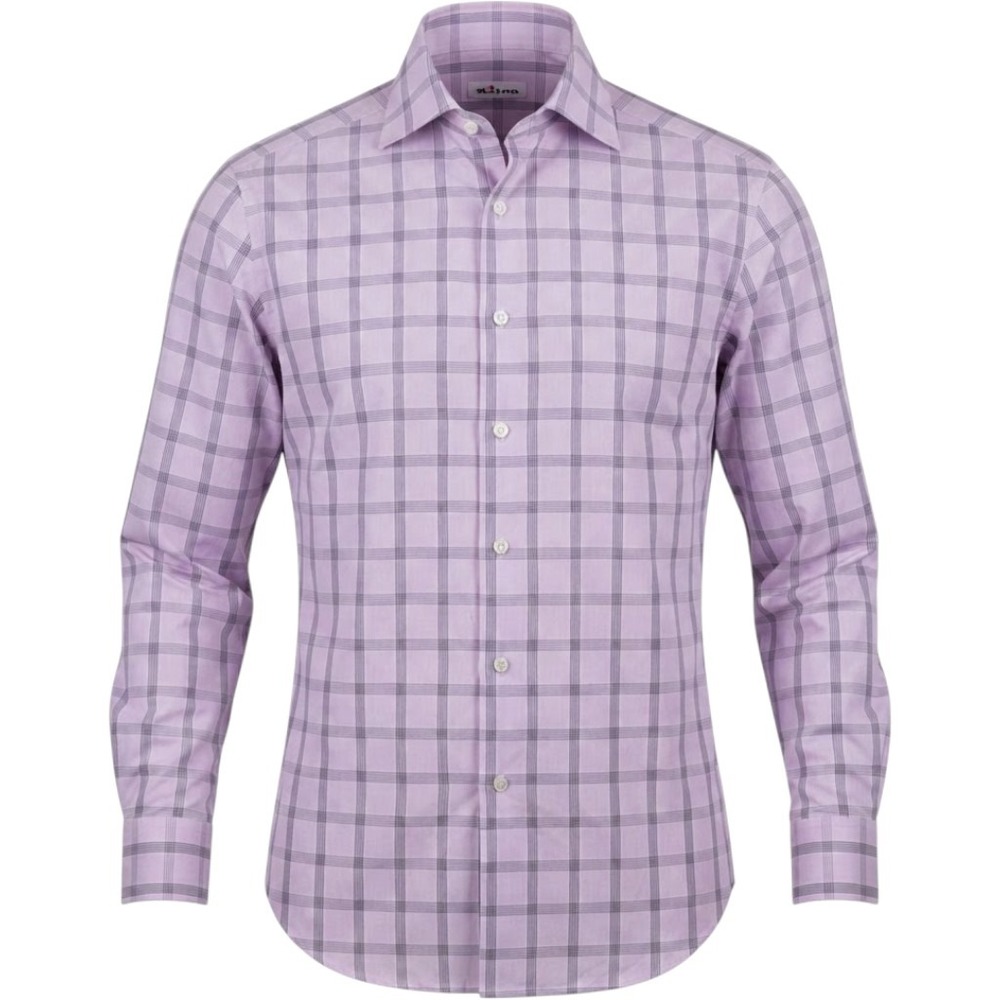 Kiton Napoli Mens Dress Shirt Large Lavender Purple Plaid Spread Collar Italy